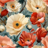 A whimsical seamless pattern tile design featuring realistic poppies, capturing their vibrant red or orange petals and distinctive centers