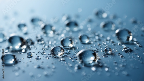Water droplets on light blue background