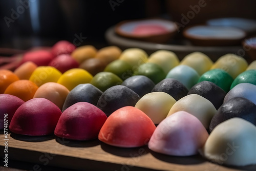 Colorful Japanese mochi on a wooden table. Close up. AI Generative