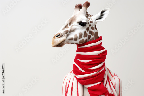 Giraffe wearing winter scarf on a solid background © Tierney
