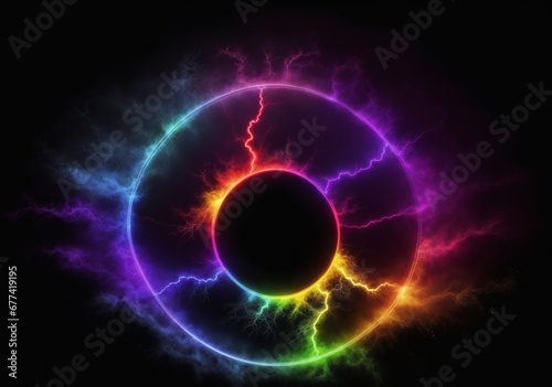 Rainbow colored circular electric thunder sparks in plain black background from Generative AI