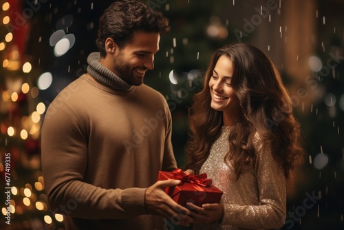 A man gives his girlfriend a Christmas present. Generative AI.