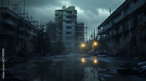 an abandoned old building is shown from a wide perspective, dystopian cityscapes, apocalyptic, grandeur of scale. generative AI