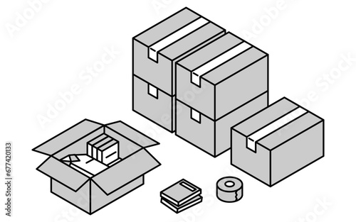 Finding a room for rent: preparing to move in, simple isometric, monochrome