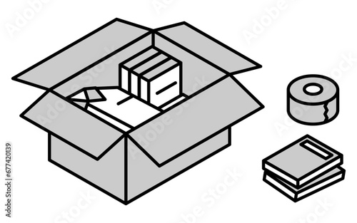 Finding a room for rent: preparing to move in, simple isometric, monochrome