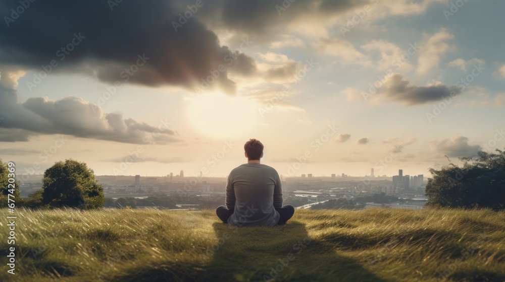 Meditation, harmony, life balance, and mindfulness concepts.A man sitting on a hill with grasses, meditating in silence, with the landscape of a city and bright morning sky. Meditation, harmony, life balance, and mindfulness concepts.A man sitting on a hill with grasses, meditating in silence, with the landscape of a city and bright morning sky.