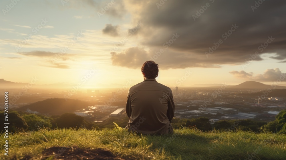 Meditation, harmony, life balance, and mindfulness concepts.A man sitting on a hill with grasses, meditating in silence, with the landscape of a city and bright morning sky.