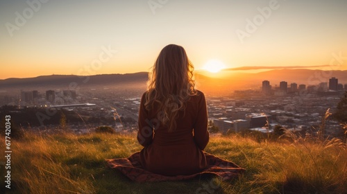 Meditation, harmony, life balance, and mindfulness concepts.A woman sitting on a hill with grasses, meditating in silence, with the landscape of a city and bright morning sky. © KikkyCNX