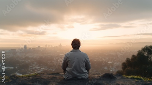Meditation  harmony  life balance  and mindfulness concepts.A man sitting on a hill with grasses  meditating in silence  with the landscape of a city and bright morning sky.