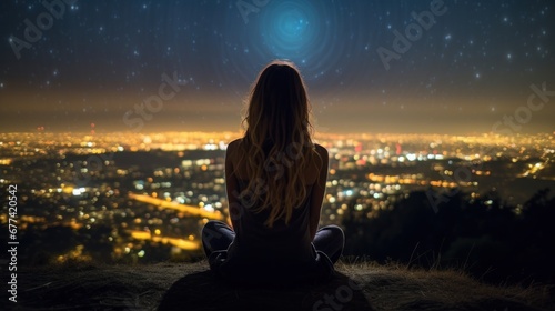 Meditation  harmony  life balance  and mindfulness concepts.A woman sitting on a hill with grasses  meditating in silence  with the landscape of a city and starry night sky.