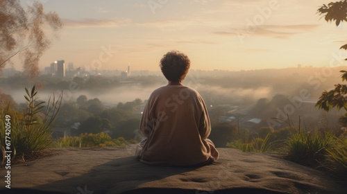 Meditation  harmony  life balance  and mindfulness concepts.A woman sitting on a hill with grasses  meditating in silence  with the landscape of a city and bright morning sky.