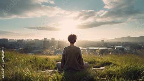 Meditation  harmony  life balance  and mindfulness concepts.A woman sitting on a hill with grasses  meditating in silence  with the landscape of a city and bright morning sky.