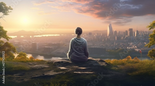 Meditation  harmony  life balance  and mindfulness concepts.A woman sitting on a hill with grasses  meditating in silence  with the landscape of a city and bright morning sky.