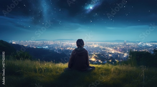 Meditation, harmony, life balance, and mindfulness concepts.A woman sitting on a hill with grasses, meditating in silence, with the landscape of a city and starry night sky.