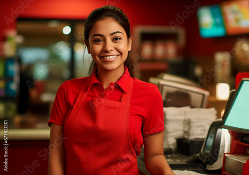 young latin american woman working in a fast food shop photo
