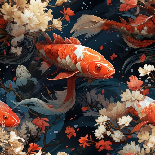 koi fish species photorealistic super detailed design. the style of comic book art and vexel art  highly detailed seamless pattern