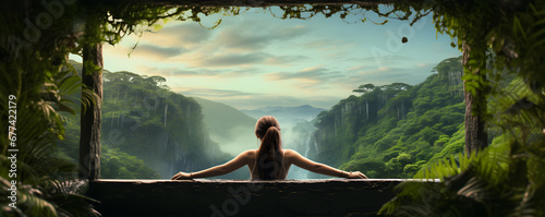 Back view woman is enjoying under the rain forest mountains