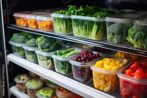 Pre-cooked vegetables in reusable box containers in the fridge