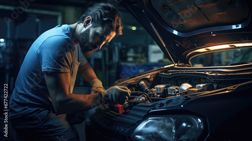 Auto mechanic is changing engine in auto repair shop