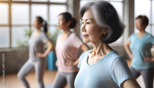 an Asian elderly female participating in a fitness class with other Senior Asian Women Exercising Together