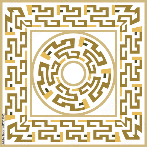 Greek ancient style square frame, border, round mandala seamless pattern with greek key meanders. Vector white background illustration with golden frames, circle, borders. Modern beautiful ornaments