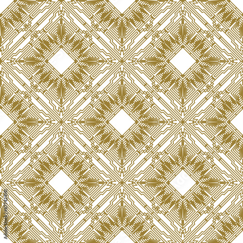 Greek ornamental intricate lines seamless pattern. Modern patterned white vector background. Repeat ethnic backdrop. Ornate ornaments with ancient greece symbols, signs. Gold Greek key, meanders