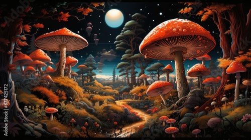 japanese art style traditional landscape mystical forest with vibrant mushrooms and magical creatures hidden among the trees