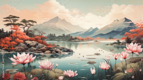 japanese art style traditional landscape serene lake with blooming lotus flowers and elegant swans gliding on the water