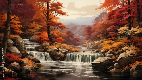 A cascading waterfall flowing through a lush forest  surrounded by vibrant autumn foliage  japanese art style traditional landscape