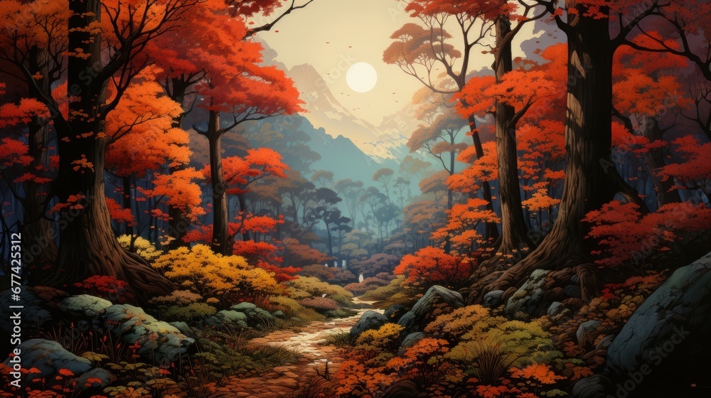 japanese art style landscape of a colorful autumn forest, with vibrant red, orange, and yellow leaves covering the ground japanese art style landscape of a colorful autumn forest, with vibrant red, orange, and yellow leaves covering the ground