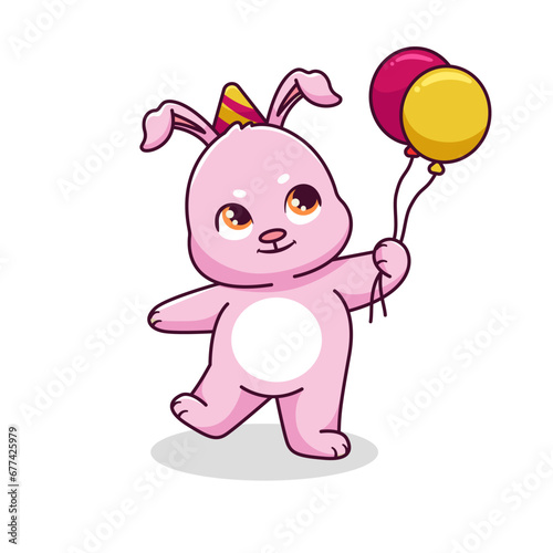Cartoon Rabbit Wearing New Year's Hat And Carrying Balloons Vector Illustration