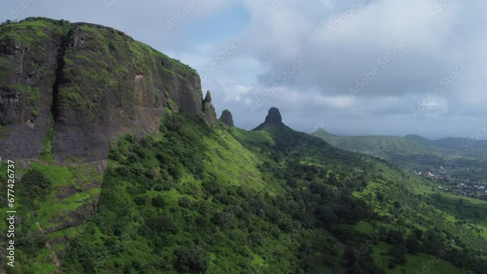 Aerial view of popular and historical tourist attraction Anjaneri Fort during monsoon in Trimbakeshwar, Nashik, Maharashtra, India Aerial view of popular and historical tourist attraction Anjaneri Fort during monsoon in Trimbakeshwar, Nashik, Maharashtra, India