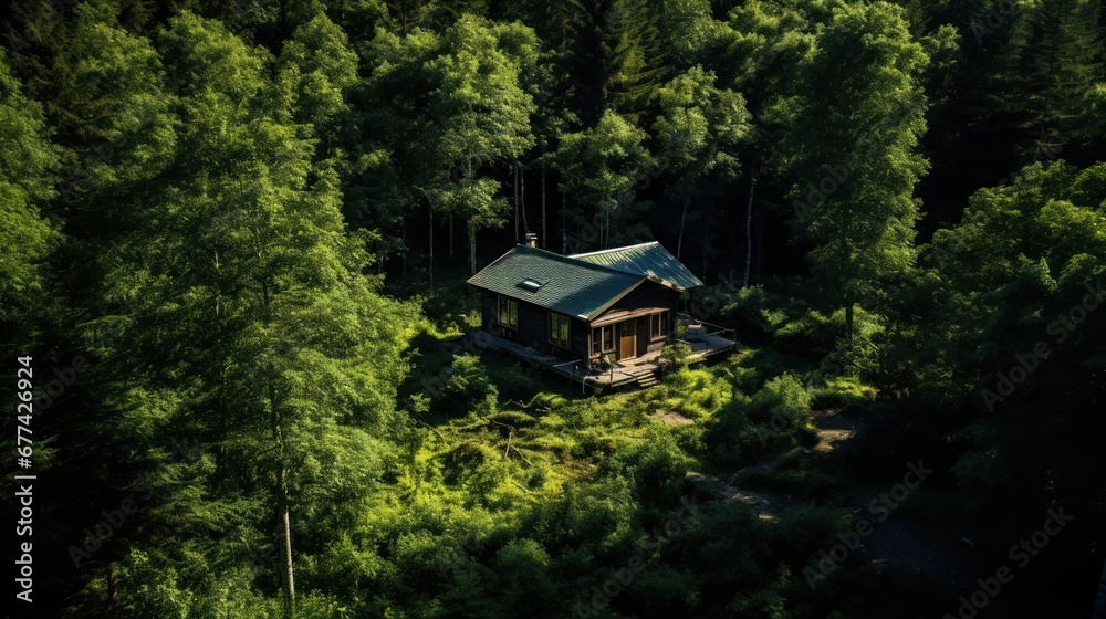 Aerial shot of a cozy cabin amidst forest trees.