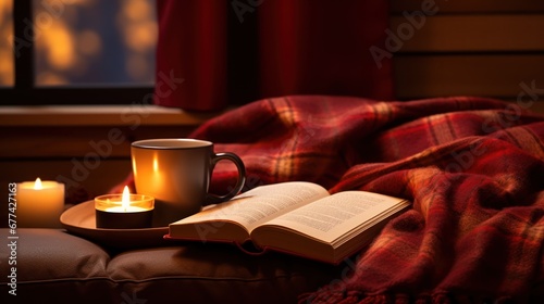 Cozy blanket, coffee mug, and book in an empty room.