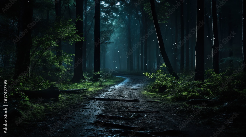 Dark forest scene with a clear path among the trees. Dark forest scene with a clear path among the trees.