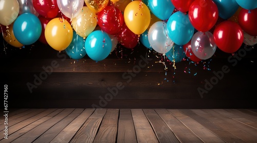 Colorful carnival balloons and decorations on a wooden table.