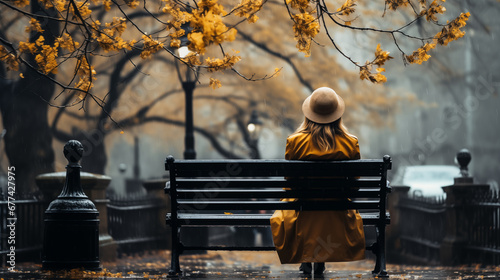 Autumn serenity. A young woman in a yellow coat enjoys a moment on a park bench.