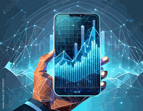 Abstract graph chart on a mobile phone screen in a hand. Stock market concept in futuristic light blue hologram style. Low poly wireframe vector illustration on technology blue background