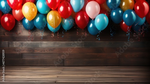 Wooden table decorated with vibrant carnival balloons and accessories.