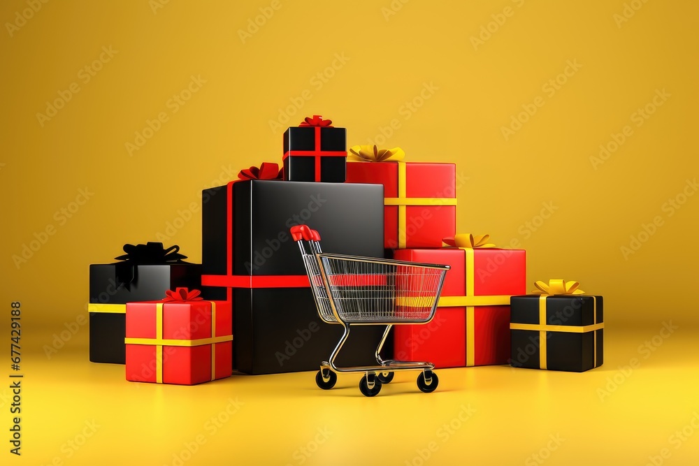 Black Friday Sale background flat lay with gift boxes. Generative AI Black Friday Sale background flat lay with gift boxes. Generative AI