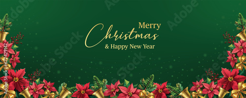 Christmas banner with poinsettias, bows and golden bells