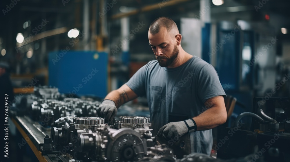 Male factory worker is assembling car parts for car production Male factory worker is assembling car parts for car production