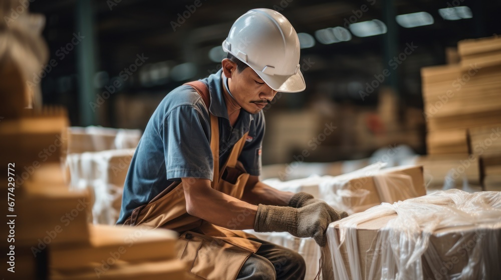A male factory worker is packing car parts in a packaging factory