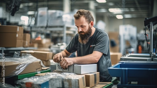 A male factory worker is packing car parts in a packaging factory