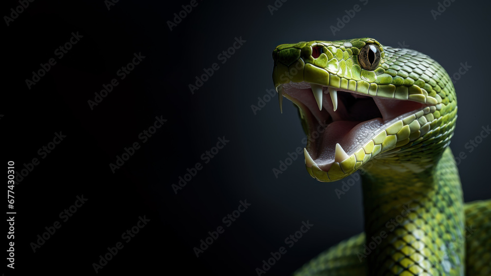Fototapeta premium Green snake with open mouth ready to attack isolated on gray background