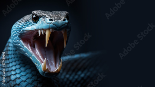Blue snake with open mouth ready to attack isolated on gray background photo