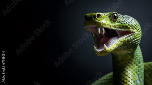 Green snake with open mouth ready to attack isolated on gray background photo