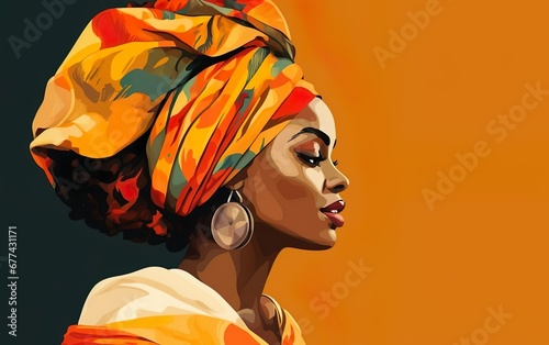 Black History Month graphic poster. Beautiful African woman profile in traditional costume with a head wrap and tribal earrings. Warm colours, earthy tones, minimalistic style, blocking. AI Generative