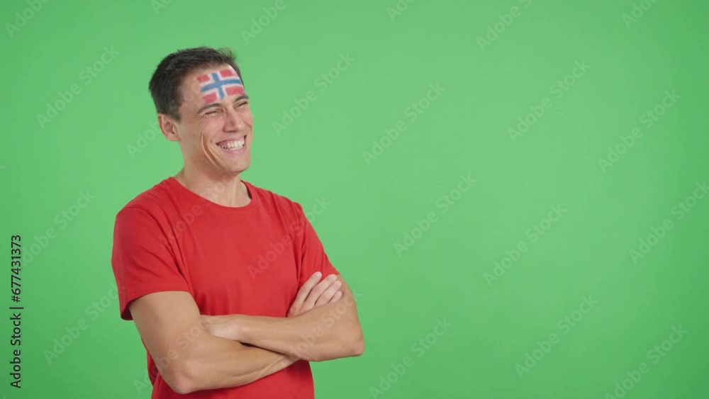 Happy man with norwegian flag painted on face looking away Happy man with norwegian flag painted on face looking away