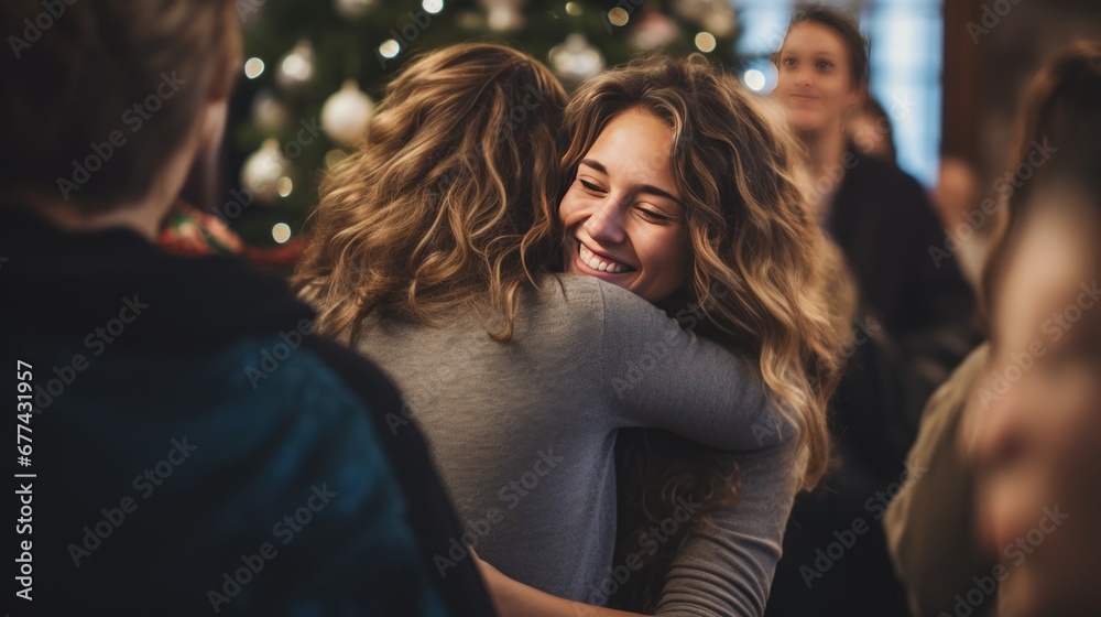 Friends arrive at Christmas party and hug the host